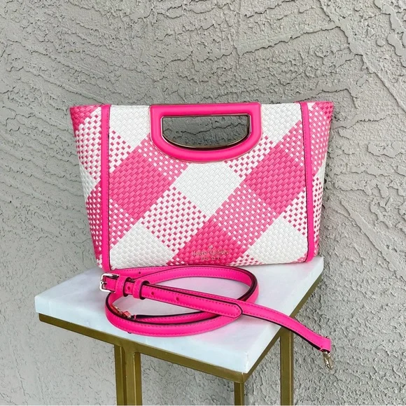 KATE SPADE Pink & White Plaid Gingham Alexia Woven Clutch Crossbody Bag